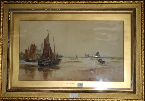 Thomas Bush Hardy (1842-1897), watercolour, a beached fishing boat, other boats nearing the shore, 35 x 60cm